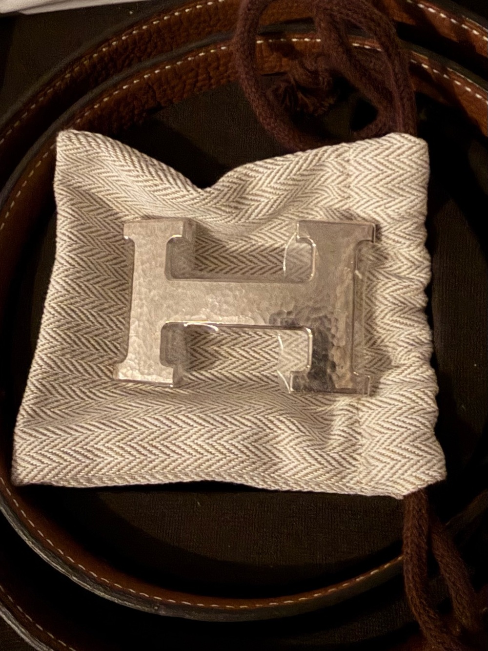 Hermes hammered Silver 'H' Buckle reversible Tan/Brown (unisex) Leather Belt